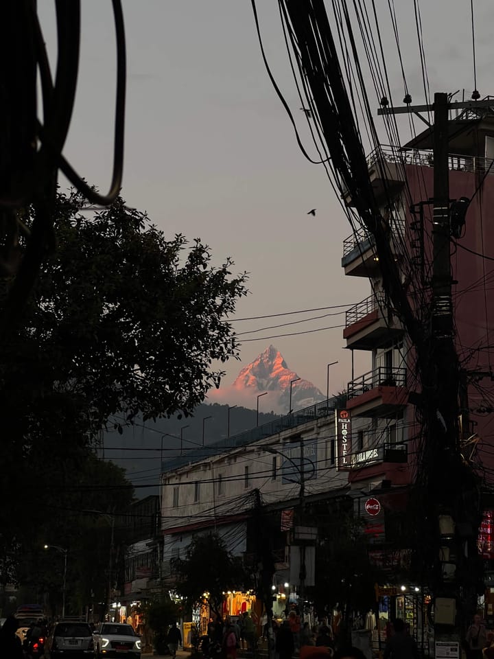 Machhapuchhare peak during sunset, visible from the city of Pokhara.